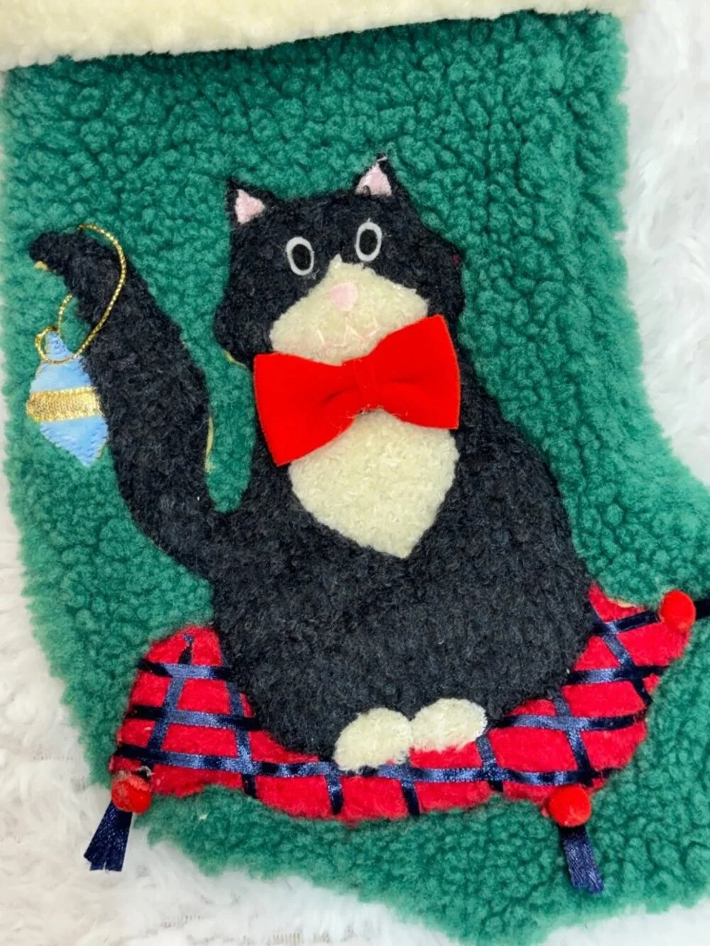 Vintage Cat Christmas Stocking Red Bow Ornament Green Sherpa Fleece Decor Retro - Picture 4 of 5